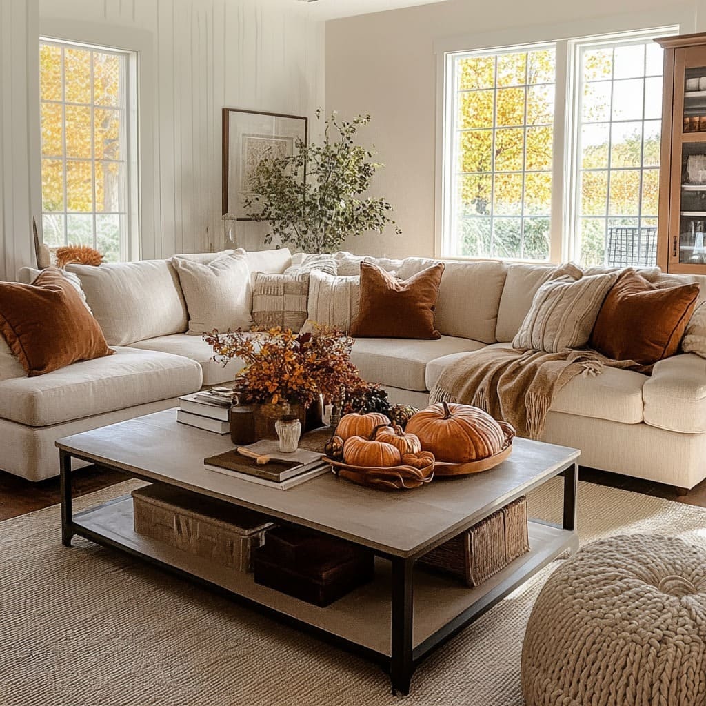 19. Pumpkin Orange and Cream Modern Farmhouse Living Room - fall living room ideas