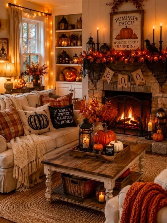 20. Pumpkin Orange and Black Halloween Farmhouse Living Room - fall living room ideas