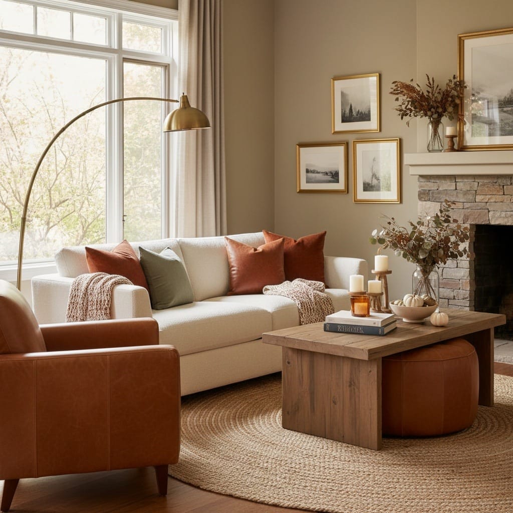 22. Cognac Brown and Cream Organic Modern Fall Living Room - fall living room ideas