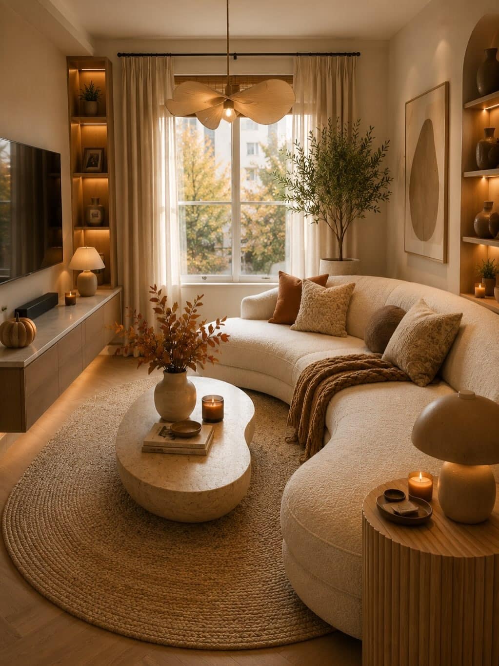 13. Caramel Brown and Cream Cozy Fall Living Room - fall living room ideas