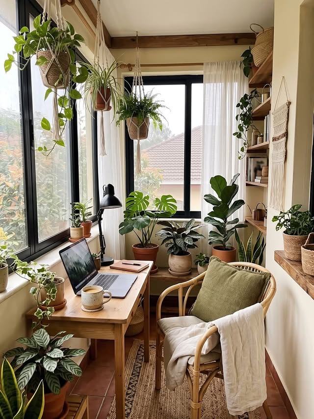 3. Warm Wood and Olive Green Boho Office Sunroom - boho office ideas