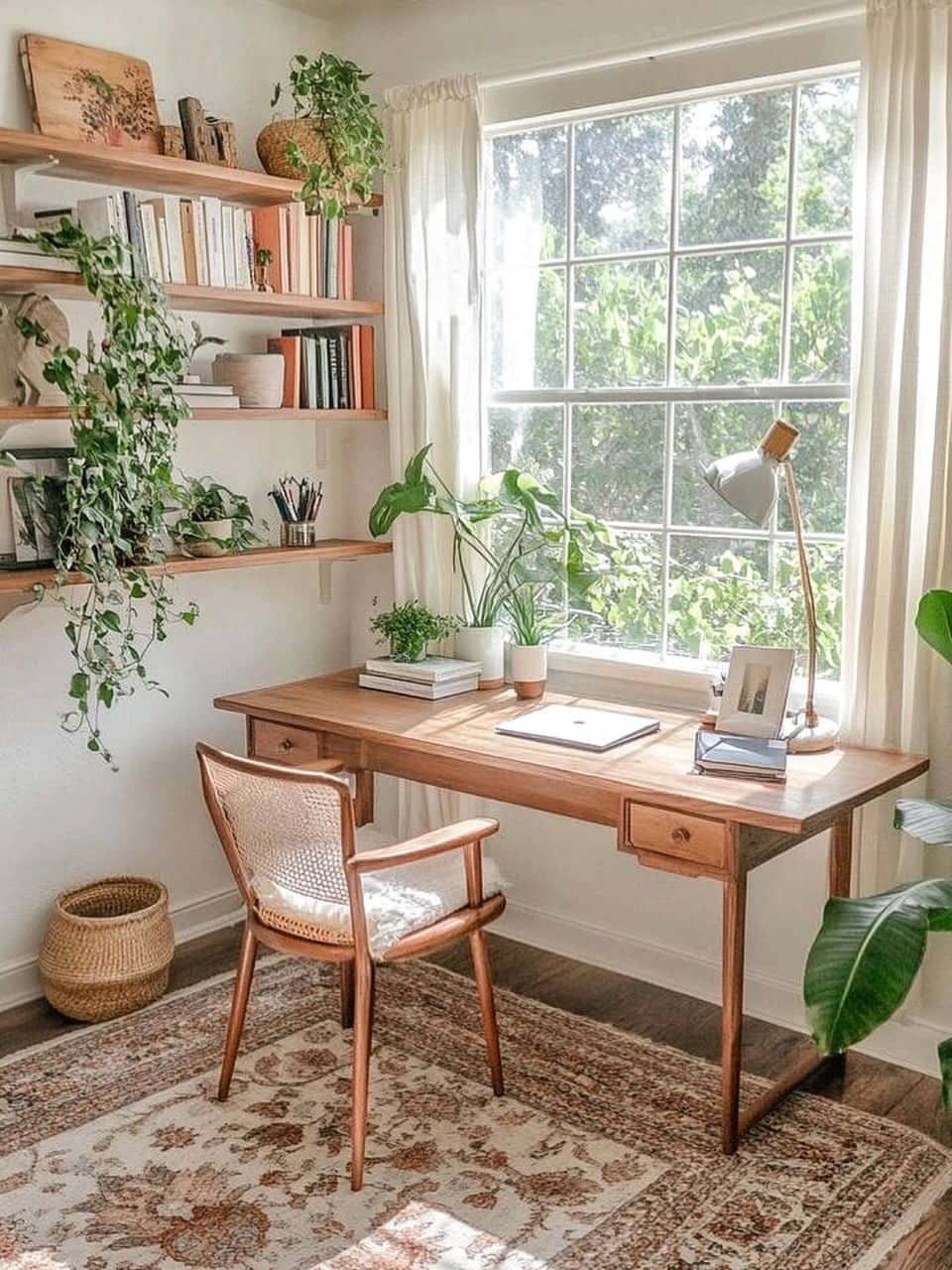 4. Sunwashed Terracotta and Cream Boho Office with Vintage Wood - boho office ideas