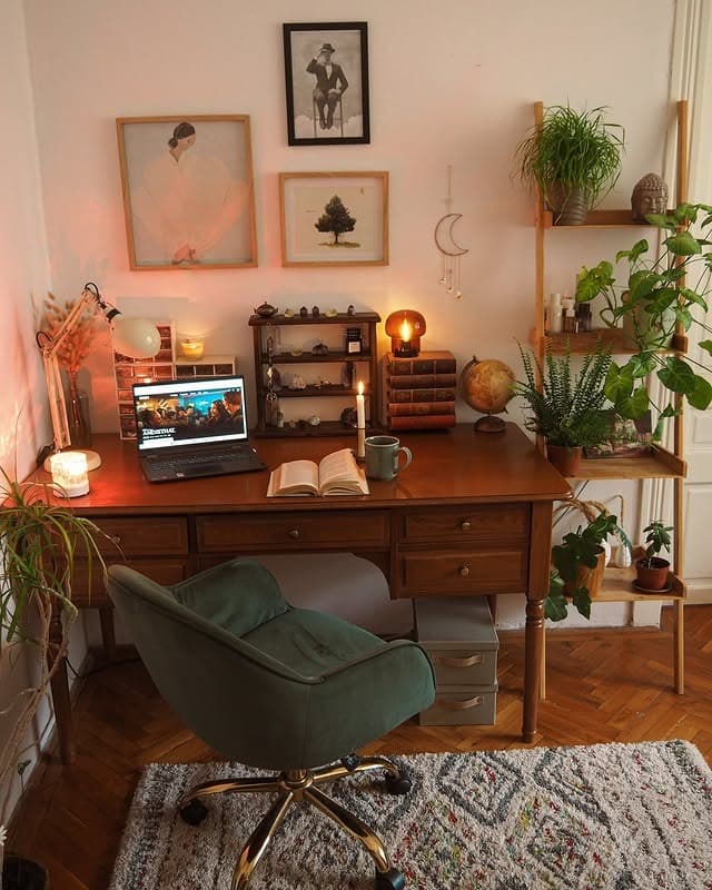 6. Moody Walnut and Moss Green Boho Office with Ambient Lighting - boho office ideas