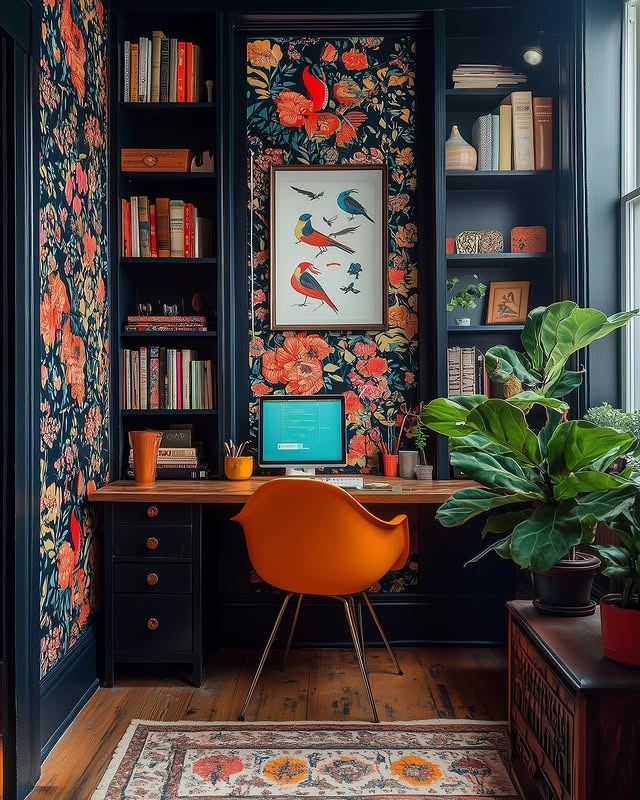 7. Midnight Blue and Burnt Orange Maximalist Boho Office - boho office ideas