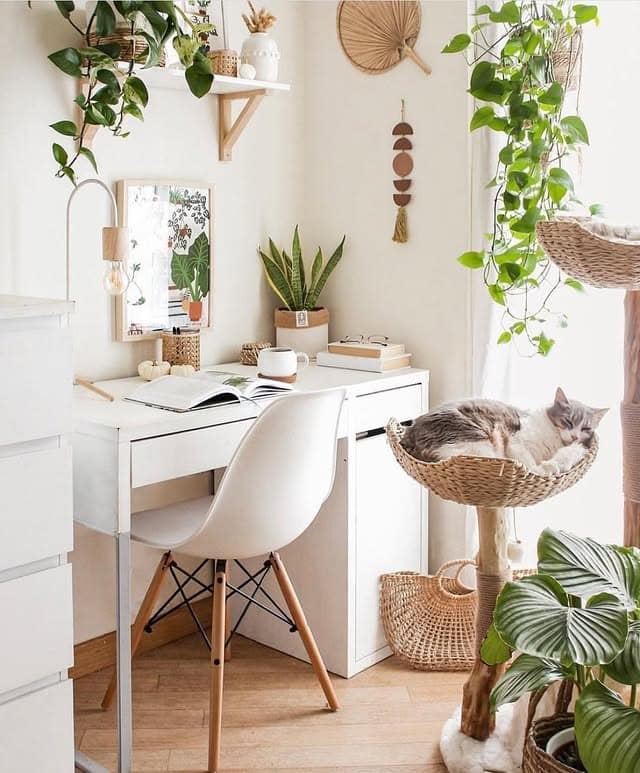 8. Ivory and Fresh Green Minimal Boho Office with Woven Accents - boho office ideas
