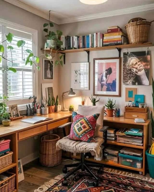 9. Caramel Wood and Warm Gray Eclectic Boho Office - boho office ideas