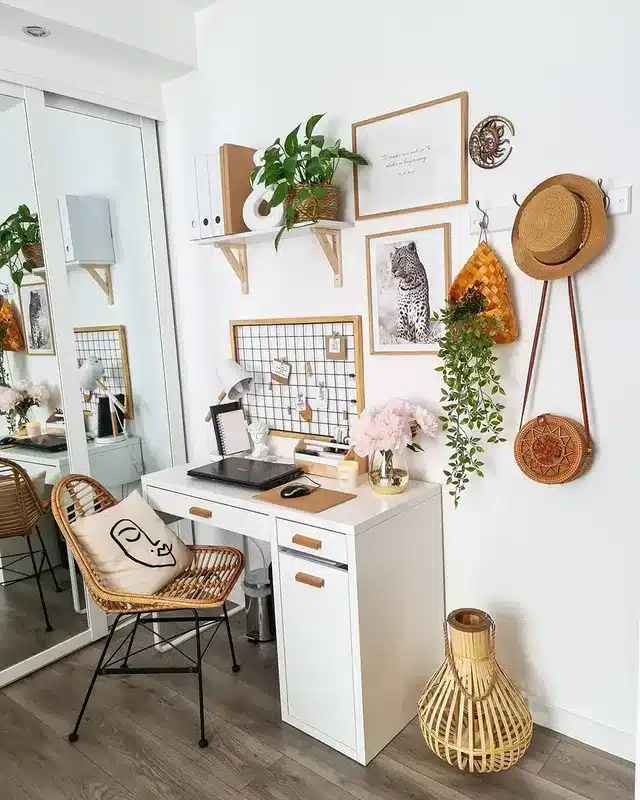 10. Bright White and Honey Rattan Boho Office Nook - boho office ideas