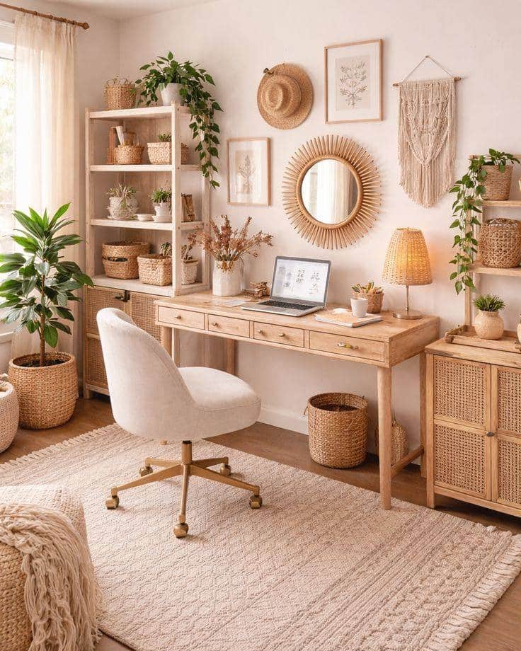 11. Warm Sand and Natural Rattan Boho Office with Woven Storage - boho office ideas