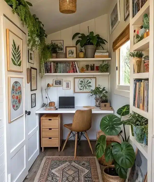 13. Cream and Forest Green Narrow Boho Office Library - boho office ideas