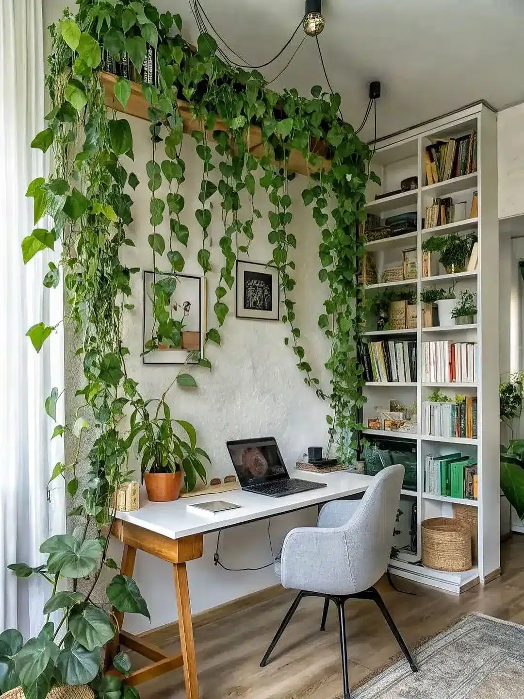 14. Fresh White and Leaf Green Boho Office with Cascading Vines - boho office ideas