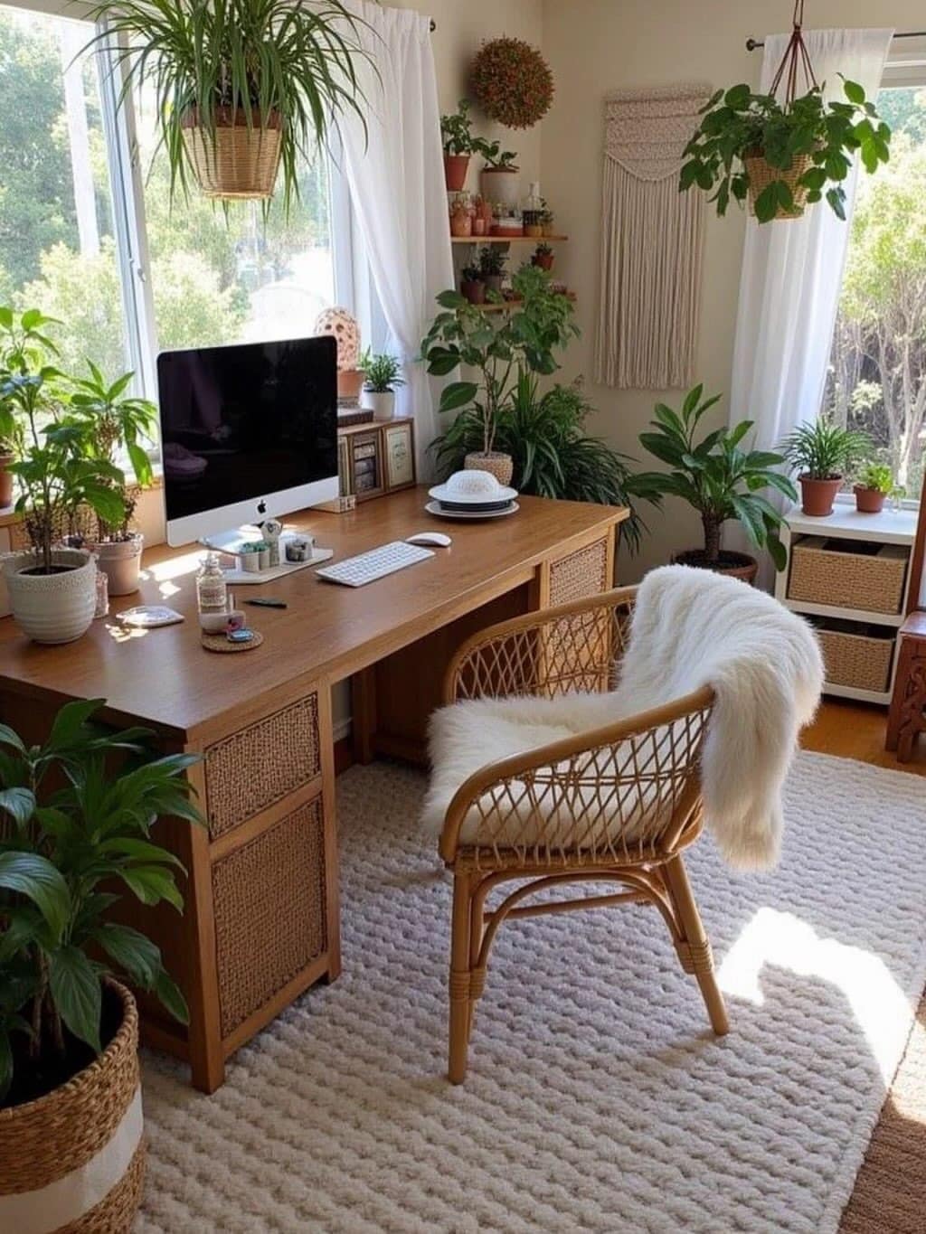 15. Honey Wood and Cream Boho Office with Rattan Desk - boho office ideas