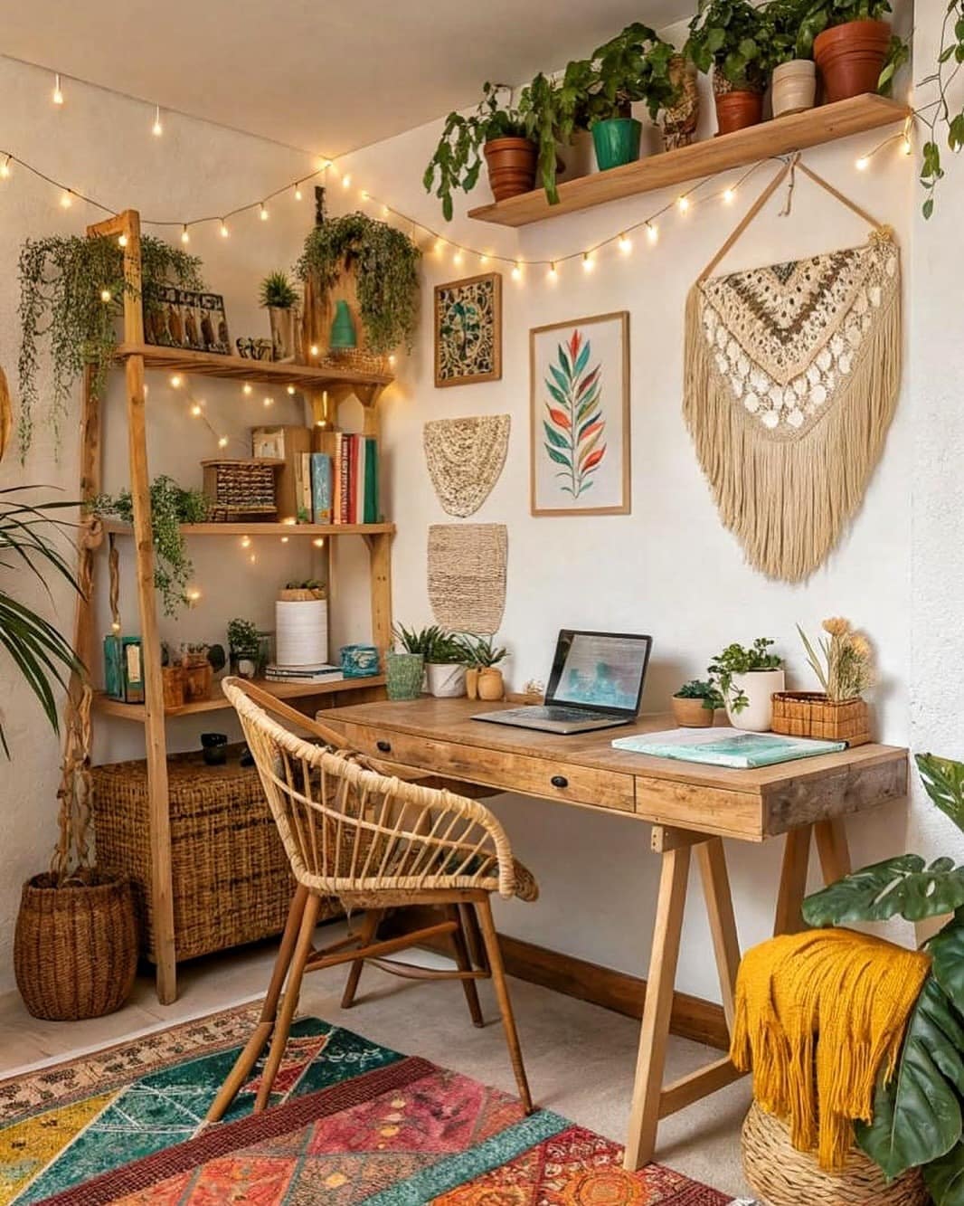 16. Golden Wood and Mustard Boho Office with String Lights - boho office ideas