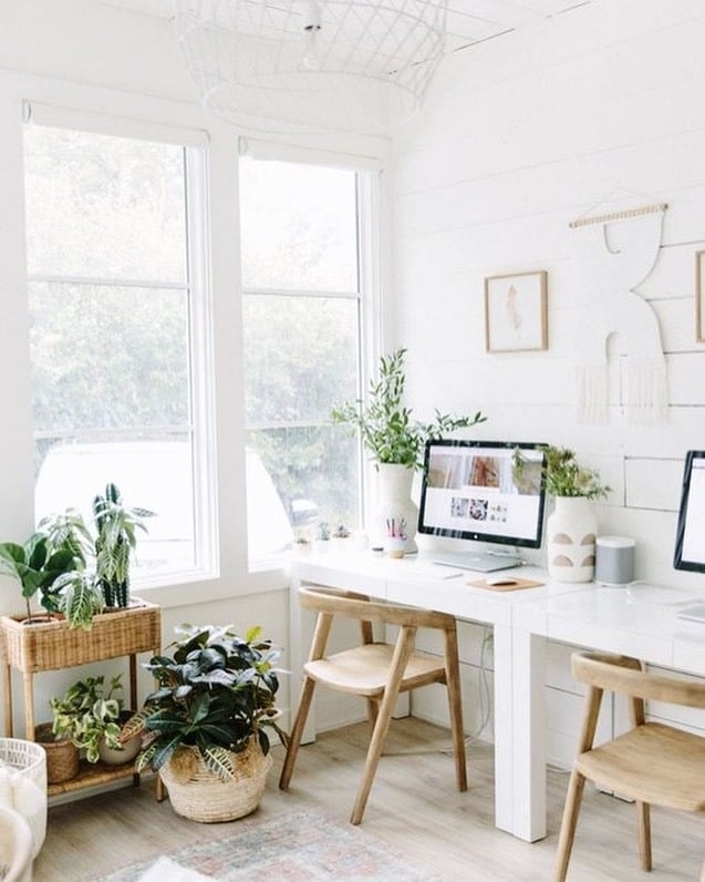 17. Crisp White and Pale Oak Minimal Boho Double Office - boho office ideas