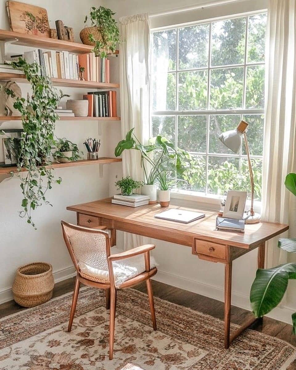 18. Sunlit Walnut and Botanical Green Vintage Boho Office - boho office ideas