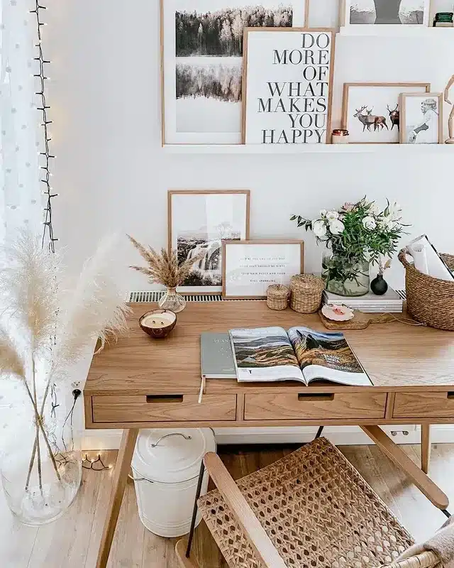 19. Soft White and Caramel Boho Office with Gallery Wall - boho office ideas