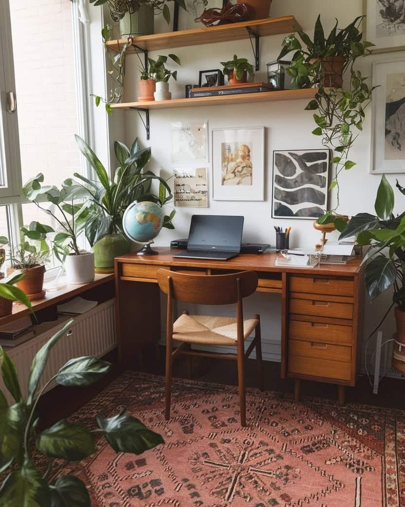 20. Rich Teak and Dusty Rose Boho Office with Vintage Rug - boho office ideas