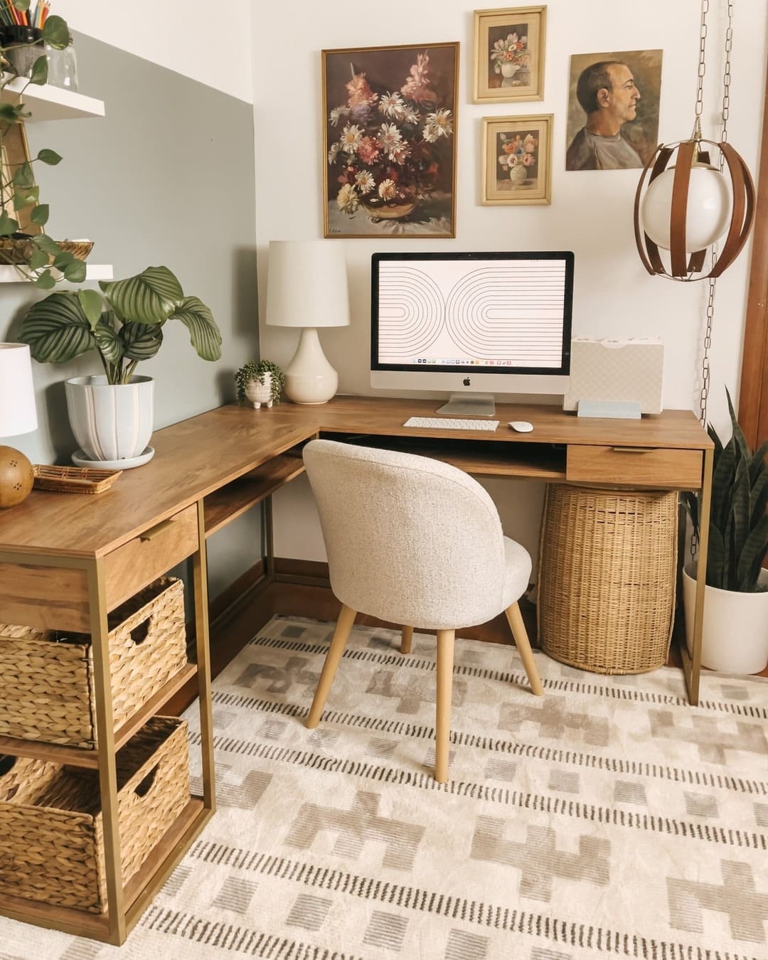 21. Sage Green and Warm Oak Boho Corner Office with Vintage Art - boho office ideas