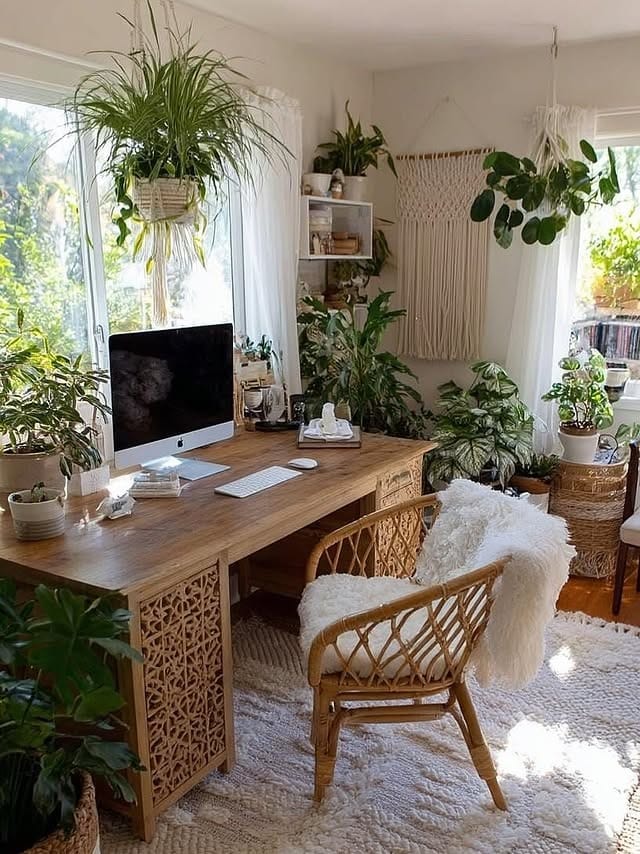 22. Cream and Honey Rattan Boho Office with Lush Greenery - boho office ideas