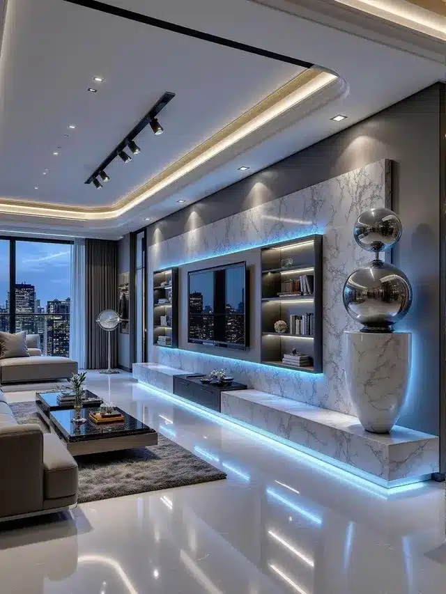 1. Marble White and Cool Blue Luxury TV Wall - modern living room ideas