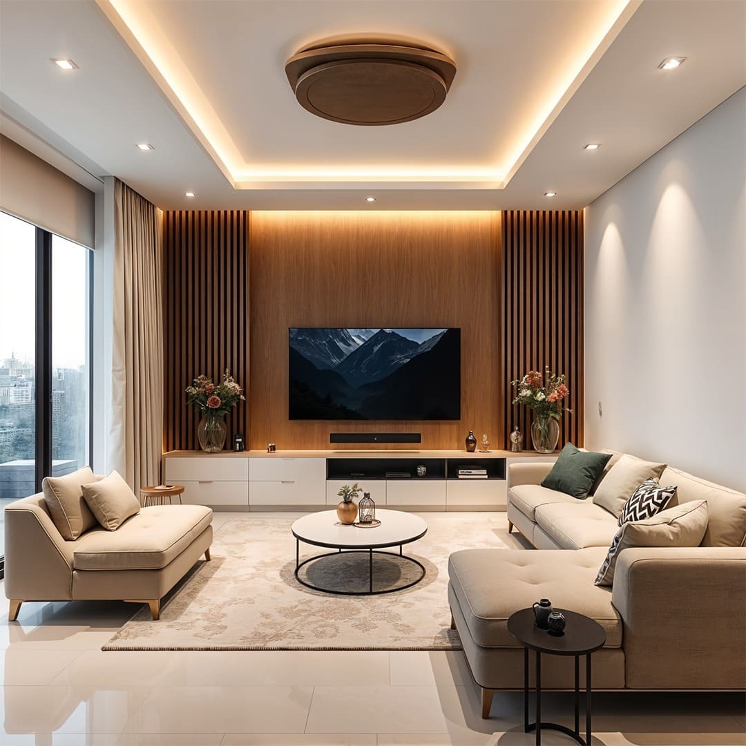 3. Warm Walnut and Cream Contemporary Media Wall - modern living room ideas