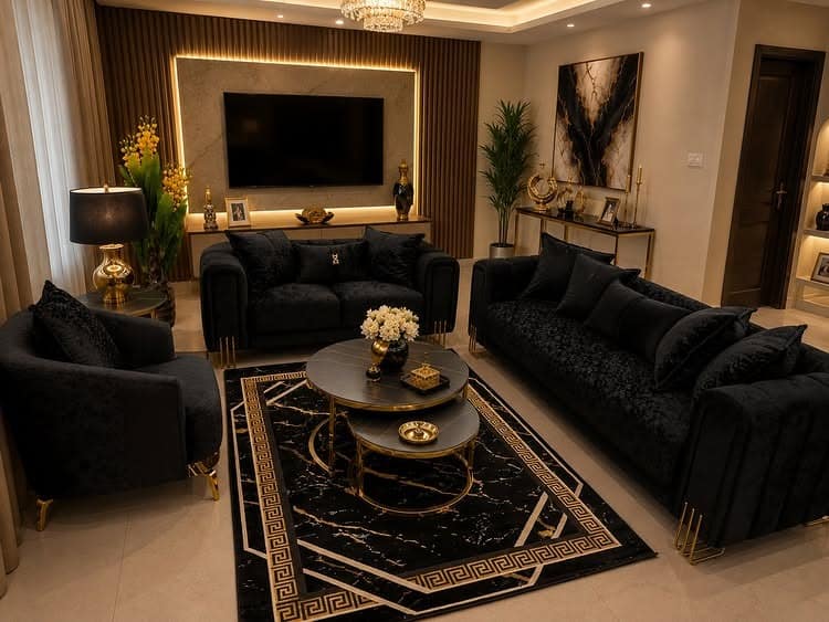 4. Black and Gold Glamorous Modern Living Room - modern living room ideas