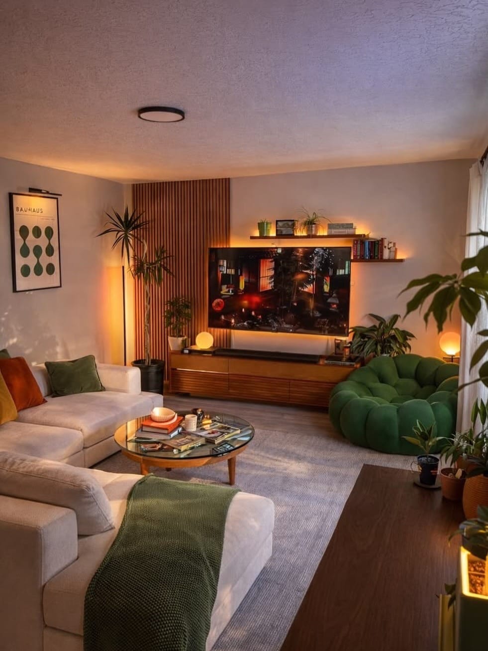5. Walnut, Cream, and Forest Green Cozy Modern Living Room - modern living room ideas