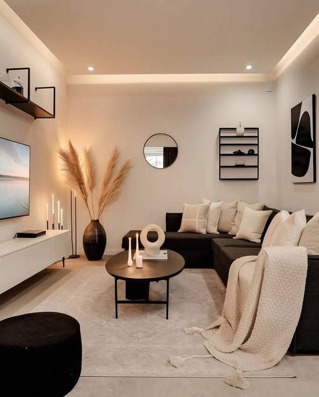 6. Black and Ivory Minimalist Living Room - modern living room ideas