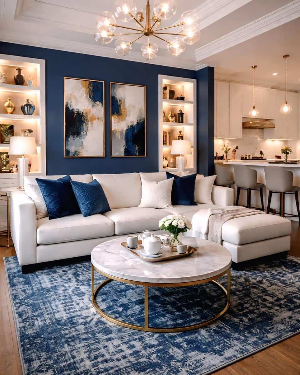 7. Navy Blue, White, and Gold Modern Glam Living Room - modern living room ideas
