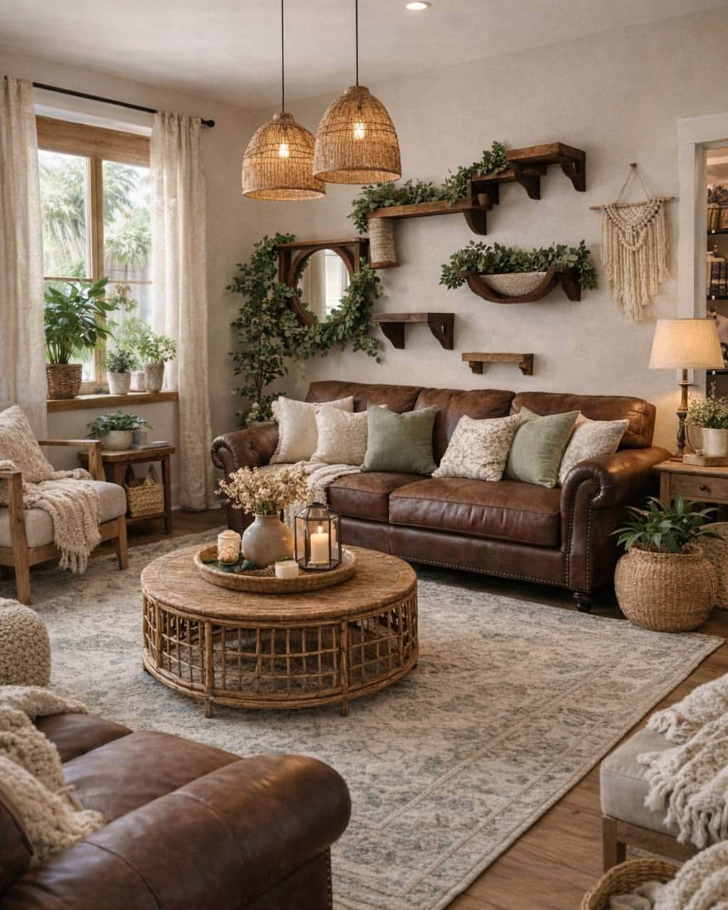 8. Cognac Brown and Sage Organic Modern Living Room - modern living room ideas