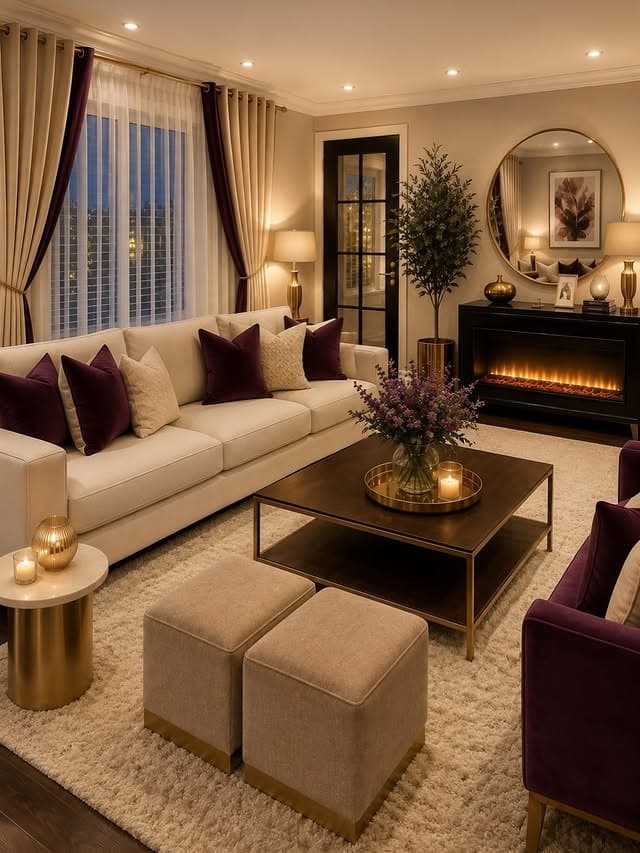 9. Cream and Plum Elegant Modern Living Room - modern living room ideas