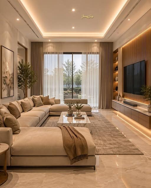 10. Soft Beige and Walnut Luxury Minimalist Living Room - modern living room ideas