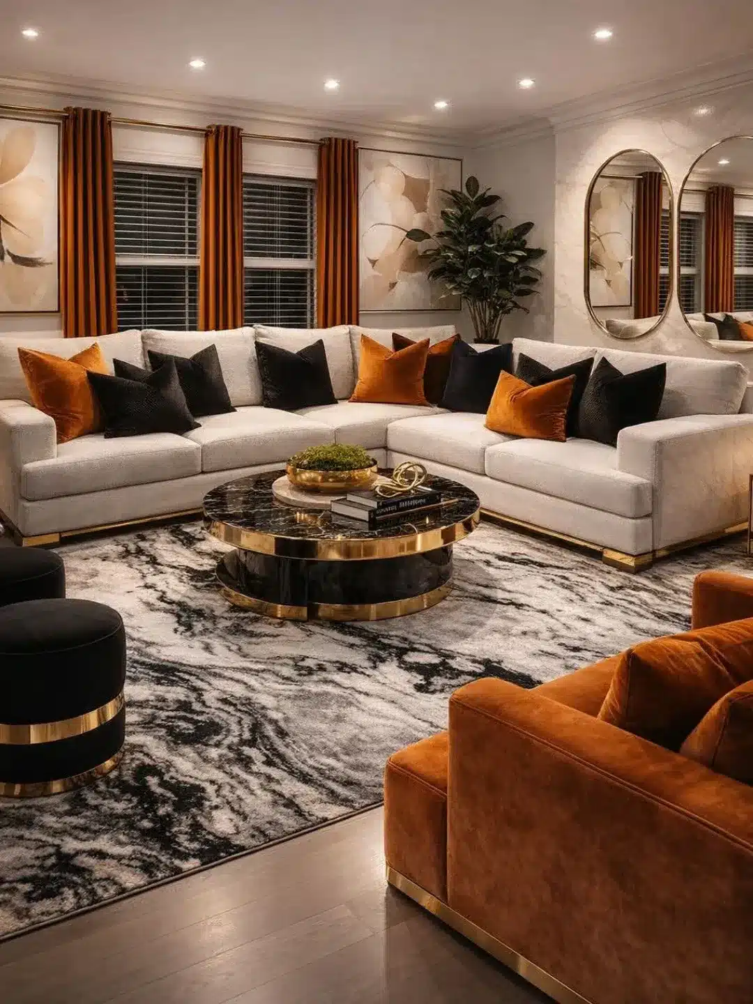 12. Cream, Burnt Orange, and Black Luxe Living Room - modern living room ideas