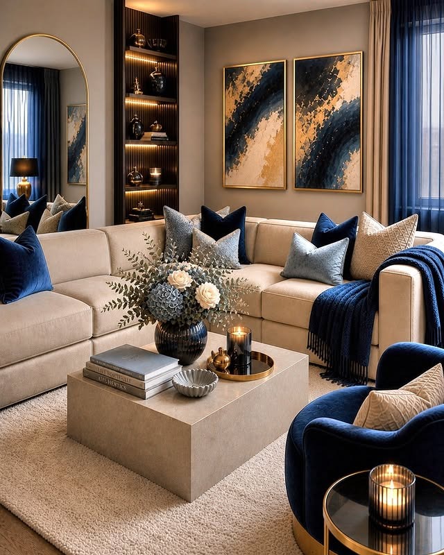 13. Cream and Navy Blue Sophisticated Living Room - modern living room ideas