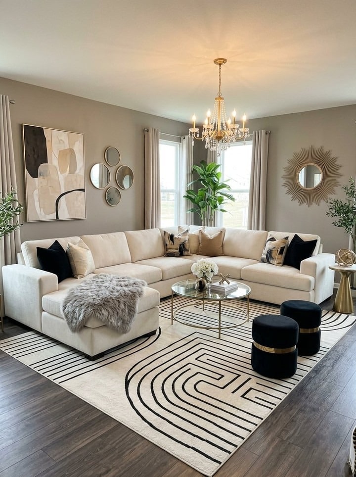 14. Ivory, Black, and Gold Graphic Modern Living Room - modern living room ideas
