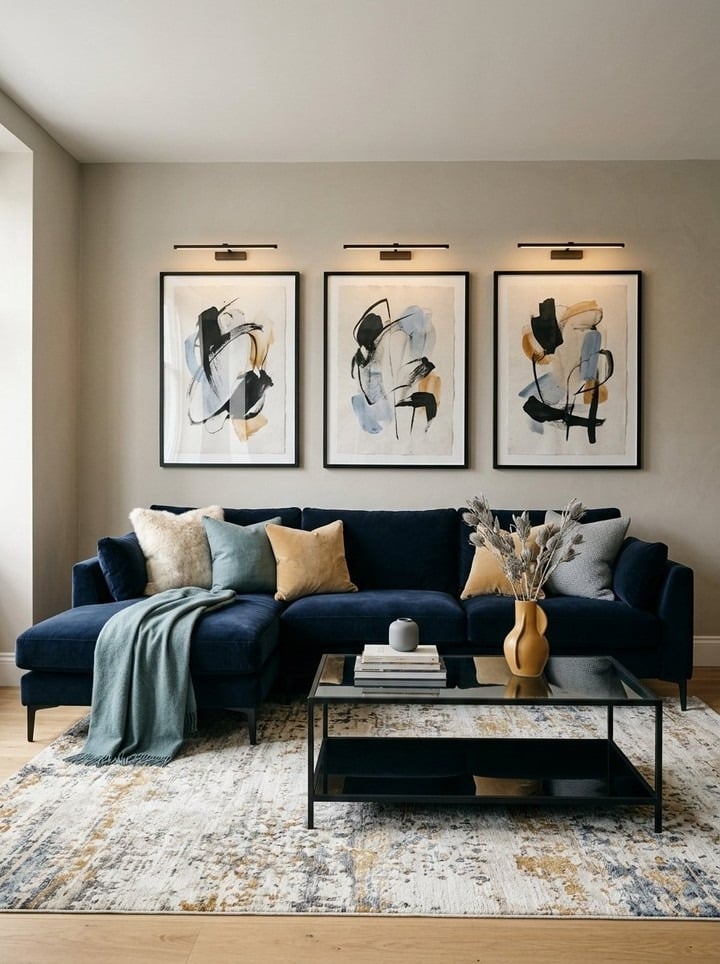 15. Navy Blue, Sage, and Mustard Contemporary Living Room - modern living room ideas