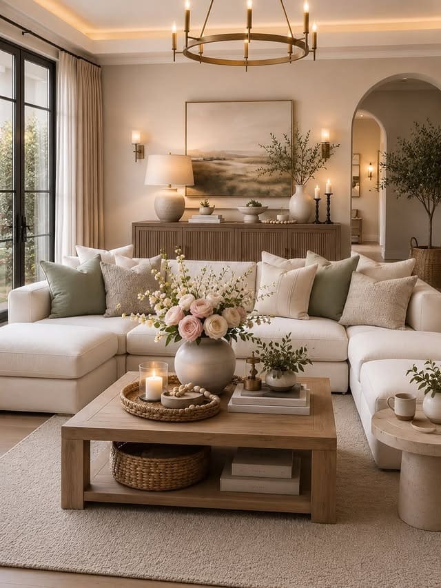 16. Warm White and Sage Organic Contemporary Living Room - modern living room ideas