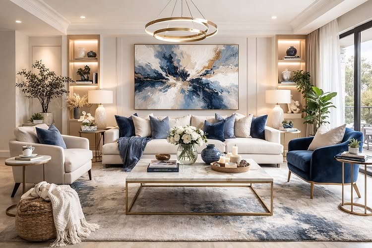 17. White and Dusty Blue Modern Glam Living Room - modern living room ideas