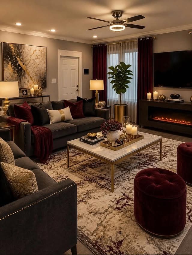 18. Charcoal and Burgundy Moody Modern Living Room - modern living room ideas