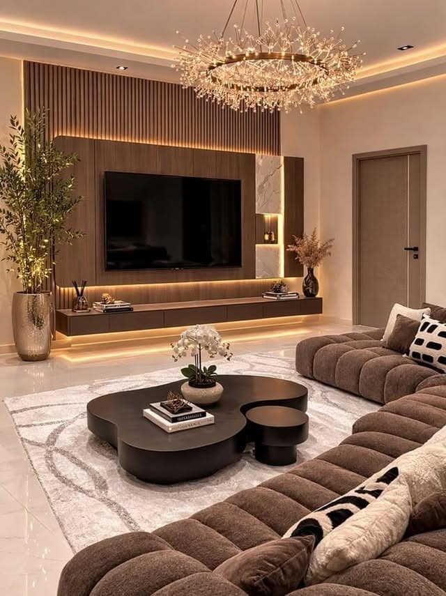 19. Chocolate Brown and Black Luxury Media Living Room - modern living room ideas