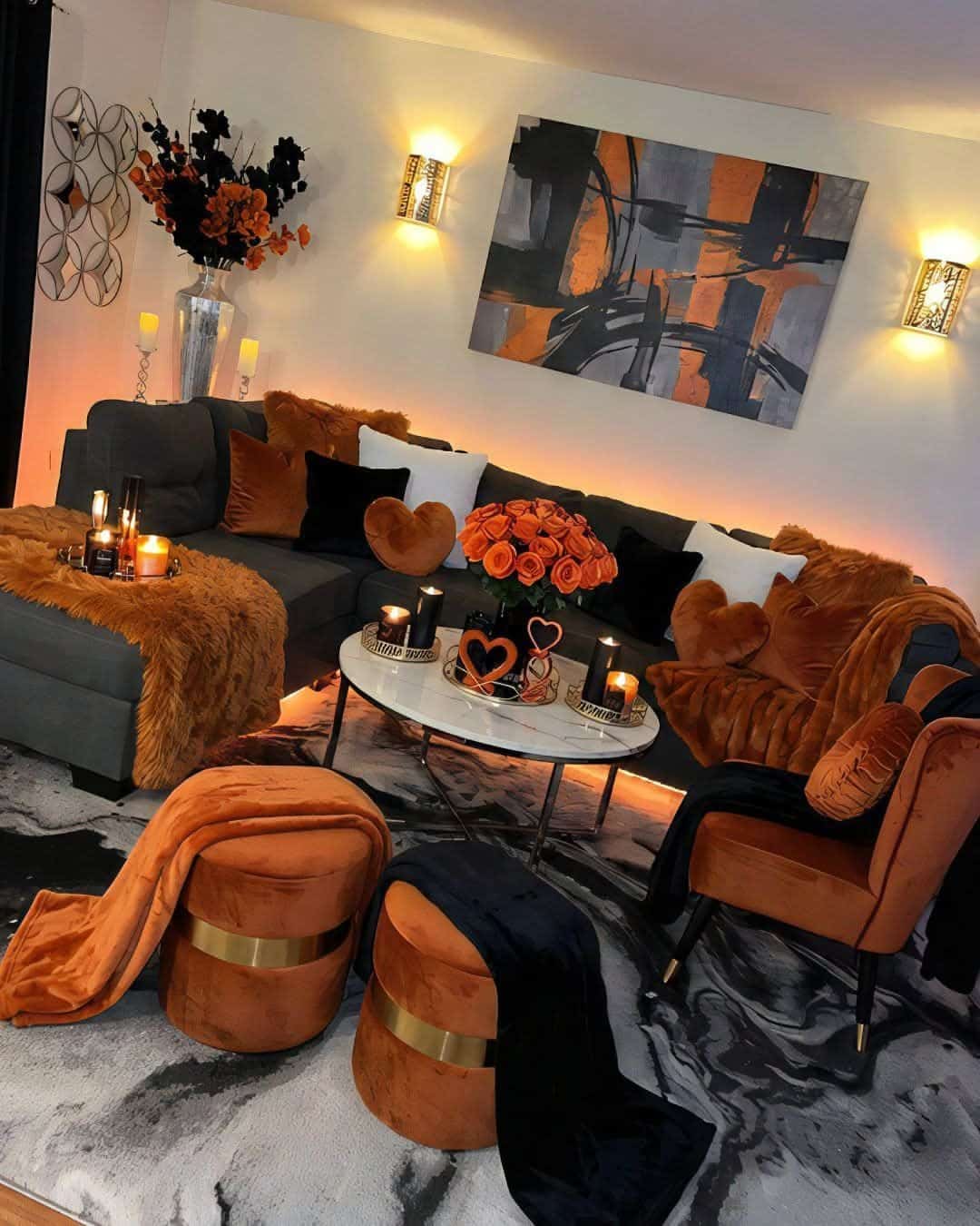 21. Charcoal Gray and Burnt Orange Cozy Glam Living Room - modern living room ideas