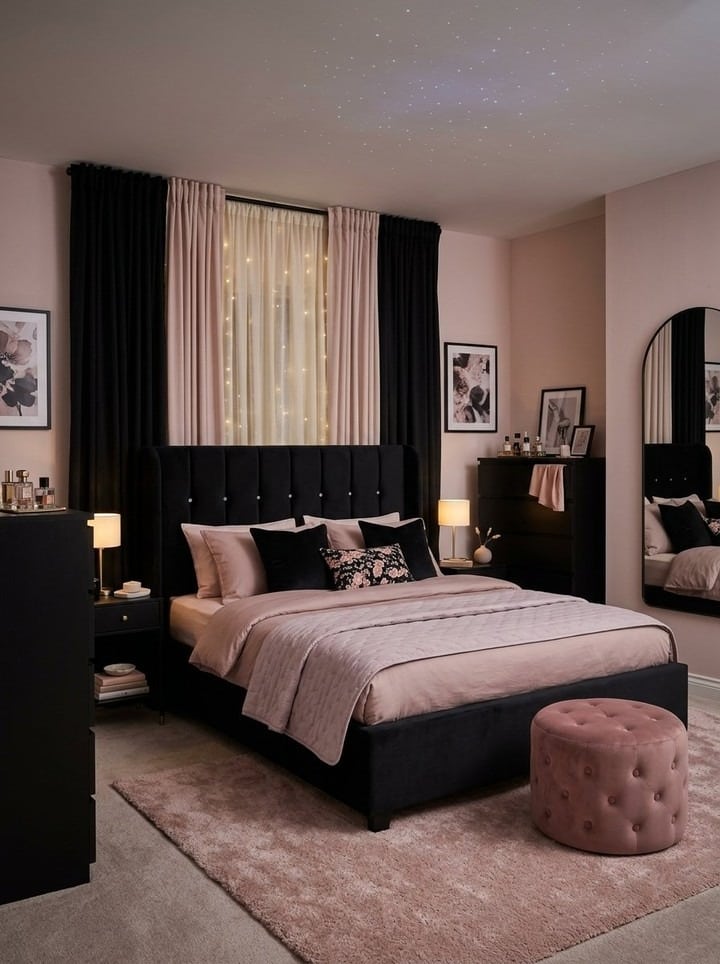 1. Blush Pink and Black Glam Bedroom Idea - romantic bedroom ideas