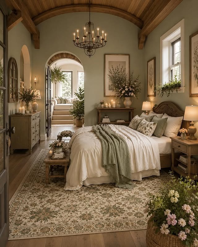 2. Sage Green and Warm Ivory Cottage Bedroom Idea - romantic bedroom ideas