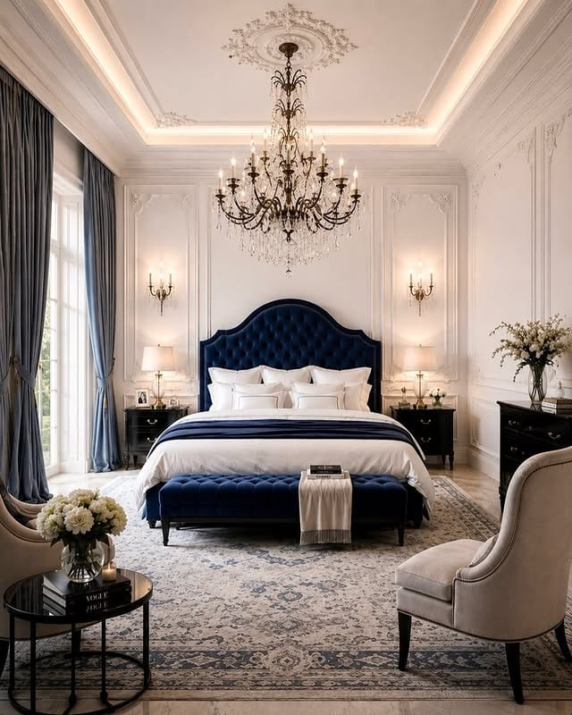 3. Navy Blue and Ivory Parisian Bedroom Idea - romantic bedroom ideas