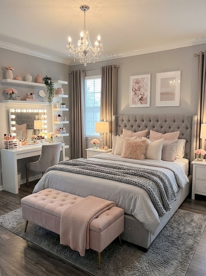 4. Blush Pink and Soft Gray Glam Bedroom Idea - romantic bedroom ideas