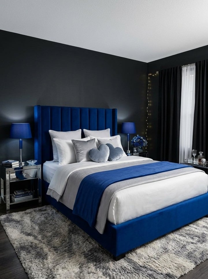 6. Royal Blue and Charcoal Modern Bedroom Idea - romantic bedroom ideas