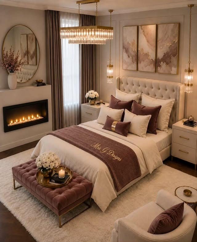 8. Mauve and Champagne Gold Luxe Bedroom Idea - romantic bedroom ideas