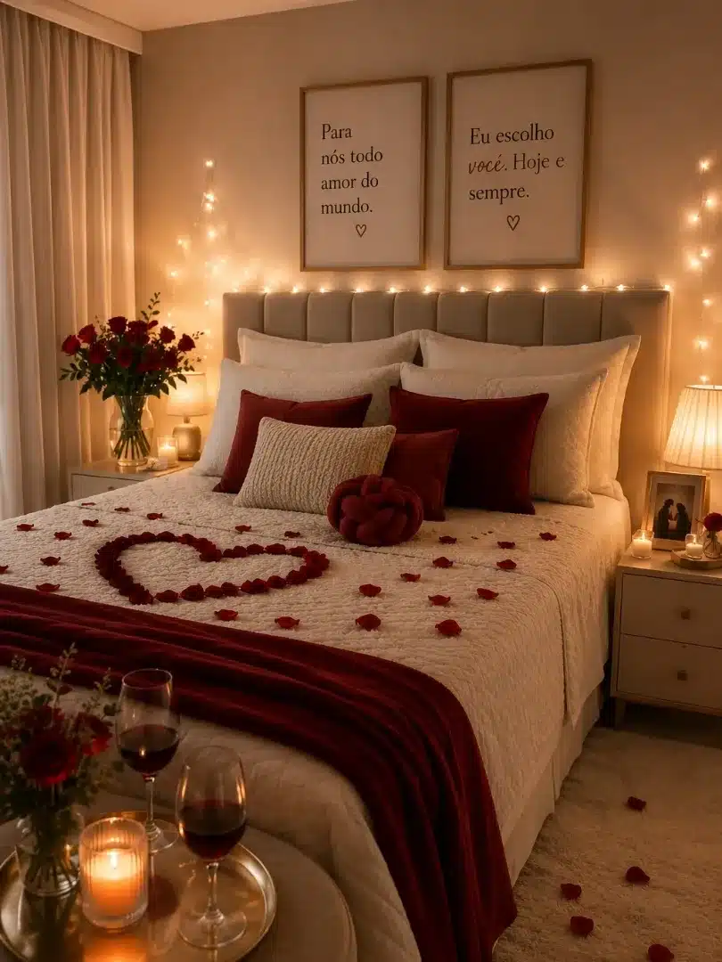 9. Burgundy and Warm Cream Candlelit Bedroom Idea - romantic bedroom ideas