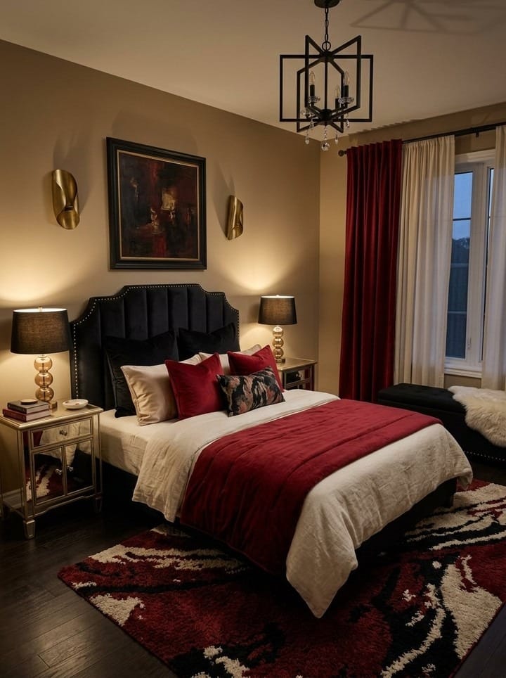 12. Burgundy and Black Dramatic Bedroom Idea - romantic bedroom ideas