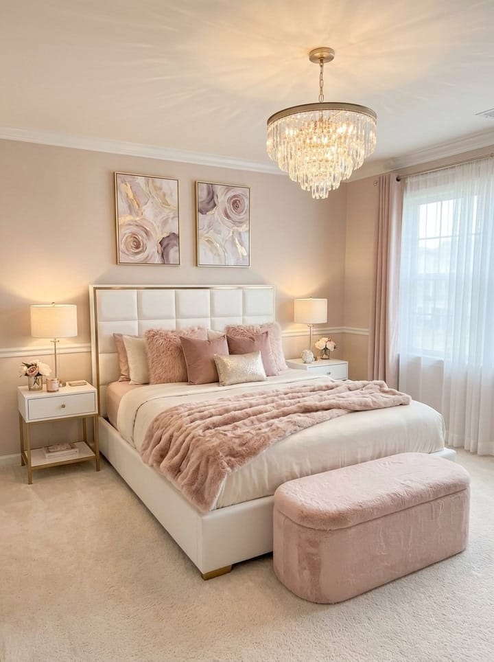 15. Blush Pink and Ivory Crystal Glam Bedroom Idea - romantic bedroom ideas