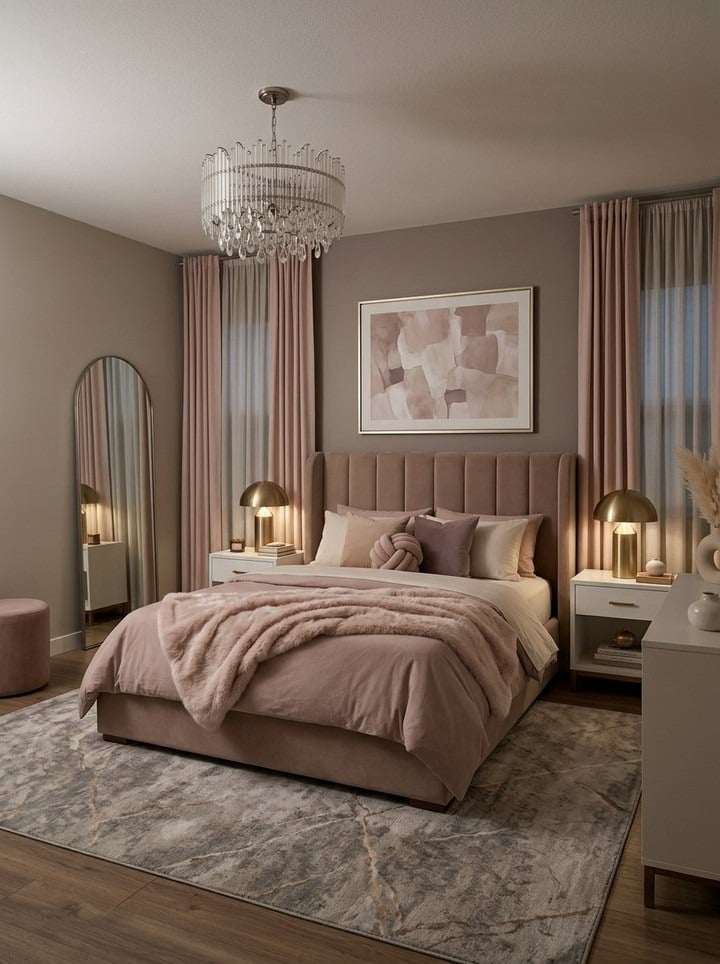 16. Dusty Rose and Taupe Contemporary Bedroom Idea - romantic bedroom ideas